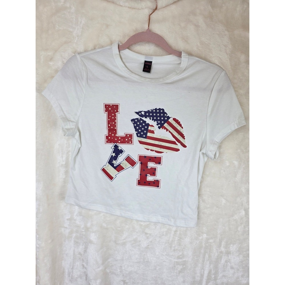 Womens Large White LOVE American Flag Lip Graphic Crop Top T-Shirt 4th‎ July